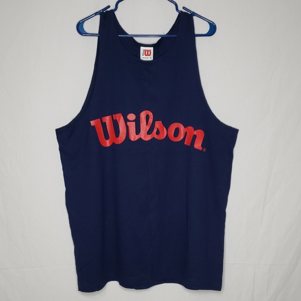 Vintage Wilson 100% Cotton Muscle Tank Blue Sleevless Shirt Size XL 90s USA Logo